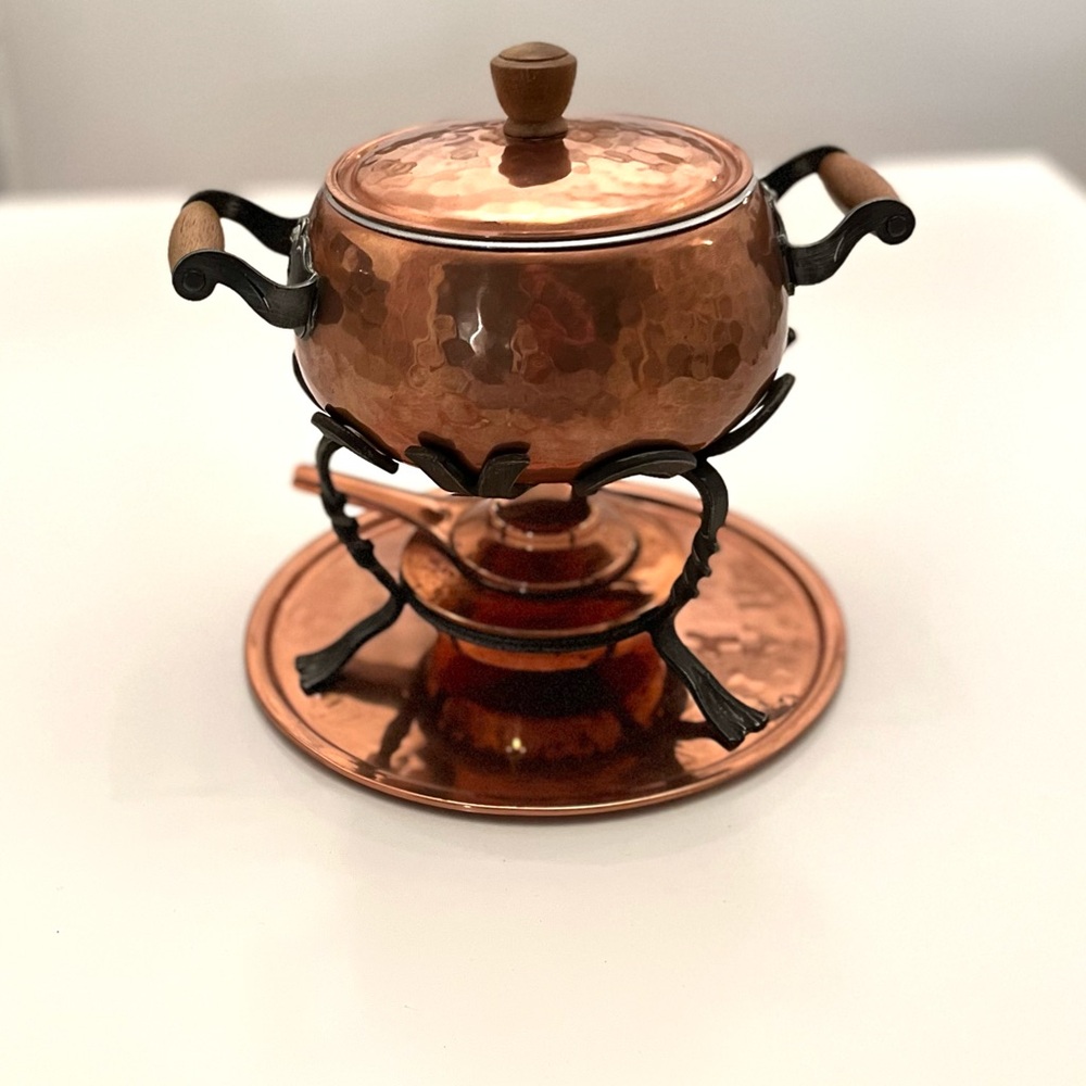 Copper Plated Fondue Set with Wooden Handles